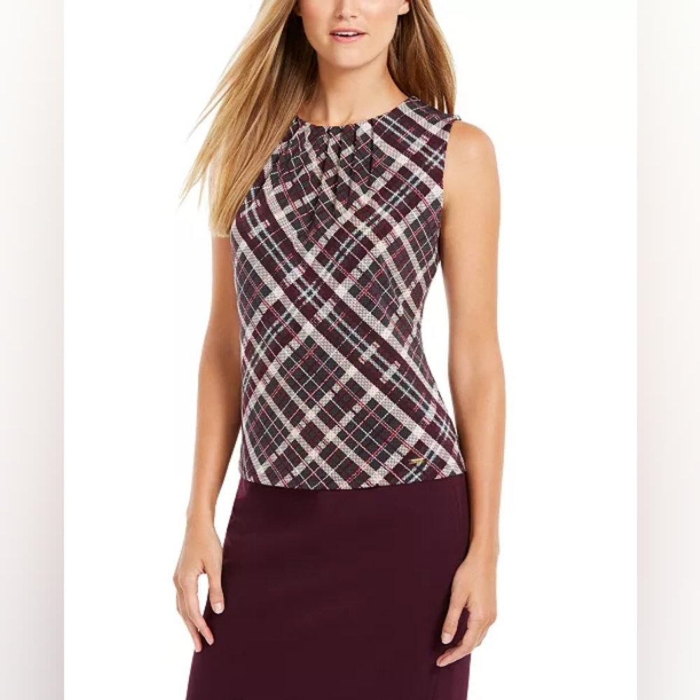 Calvin Klein Plaid Pleated Neck Blouse